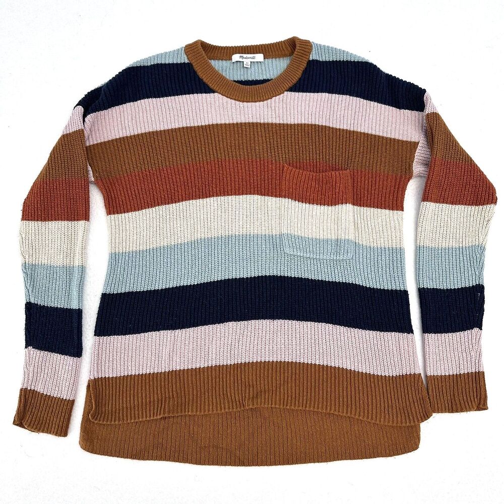 Madewell Pullover Sweater XS Pocket Rainbow Stripe Thompson Hi Low Fawn Boxy - Picture 4 of 11